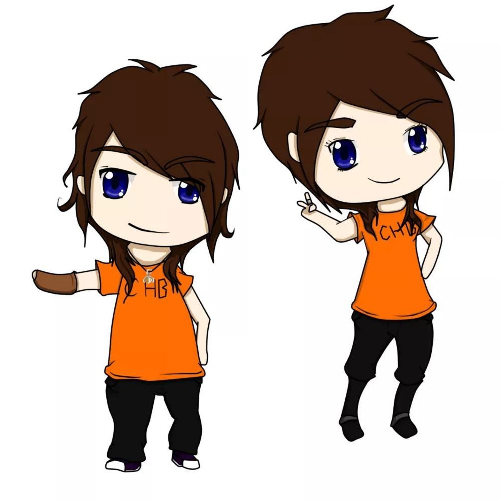 Digital drawings of two chibis, depicting twins, a boy(Lauren) and a girl(Alice), wearing the orange Camp Half Blood T-Shirts from Rick Riordan's Percy Jackson series. They have dark blue eyes and messy brown hair, with the neck hair curling around their necks and a little past their shoulders. They are both smiling and holding up their right arm. Lauren has a glove on it for a bird to land on. Alice is making a victory sign, her forefinger adorned with a silver ring. They both wear black pants. Alice with black boots, Lauren with black and white sneakers. 