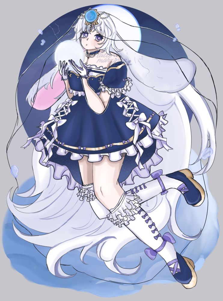 splash art of a genshin impact original character holding a bright star. she has blue eyes, white hair, and lop rabbit ears. her outfit is inspired by the night sky, as evident by the moon trim seen on the bust of her dress, and the charms handing from her rosary chocker and vision. her navy blue dress has a train in the back which comes to the bend of her knees. the entire dress is decorated in white ruffles and gold trim, while the skirt has large white ribbons sewn onto the sides and periwinkle bows on the hem's gold elements. the background features a night sky decorated with stars, with the andromeda constellation featured,a moon, and an ocean wave at her feet.