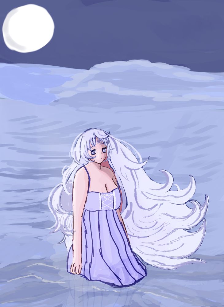 a white haired blue-eyed rabbit girl, standing in the middle of the sea in a sundress under a starless, moonlit night sky. her long hair is blowing in the wind, while she's completely motionless, her arms at her side, with an empty expression on her face.