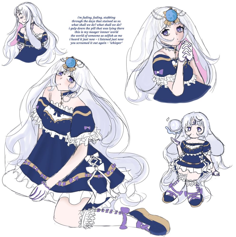 a doodle page of latte's genshin impact oc, galatea angelis. it features a fullbody, chibi, and two half bodies. she is a white haired rabbit girl with blue eyes, and her vision is the mondstadt hydro design. there is text in the art that is an excerpt from siinamota's song, sasameku, which reads "i'm fading, fading, stabbing through the days that stained us so. what shall we do? what shall we do? i gulp down the pill that was lying there. this is my meager inner world. the inner world, the world of someone as selfish as me. i heart it just now - i listened just now, you screamed it out again - "whisper.""