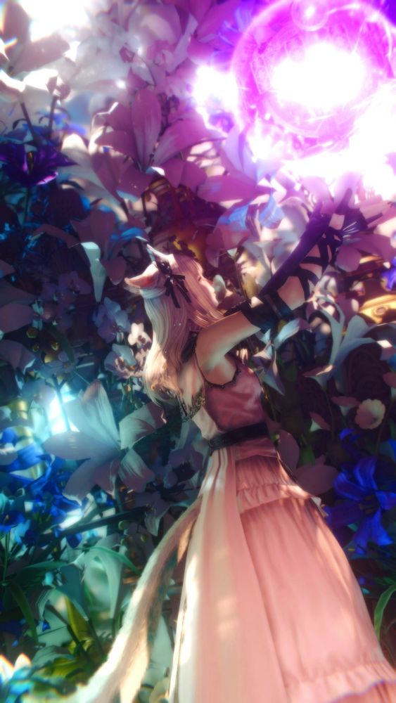 Blonde miqo'te holding a glowing AST weapon with a flower filled BG