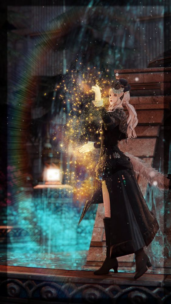 Keeper of the moon miqo'te walking upon a fountain with a glowing yellow light flickering around her. Pre-Dawntrail Gpose.
