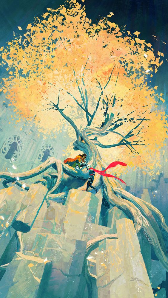 a digital painting in yellows, oranges, and blues. two elves climb up to a large tree with long, expansive roots, perched atop crumbling, marbled pillars.