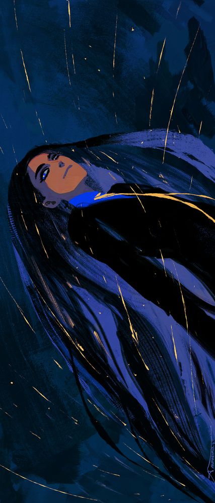 digital painting of geeta from pokemon. she stares towards the distance with a smile on her face as her hair merges with the sky and shooting stars.