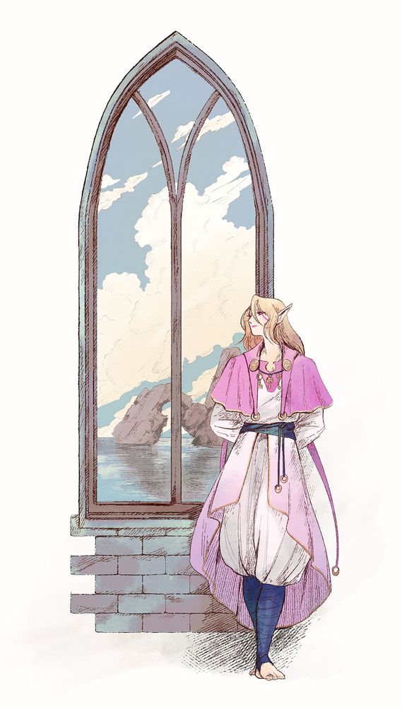 digital illustration of tove, a tall elf dressed in flowing pink and white clothes, leaning her back against a window and gazing out to the sea beyond.