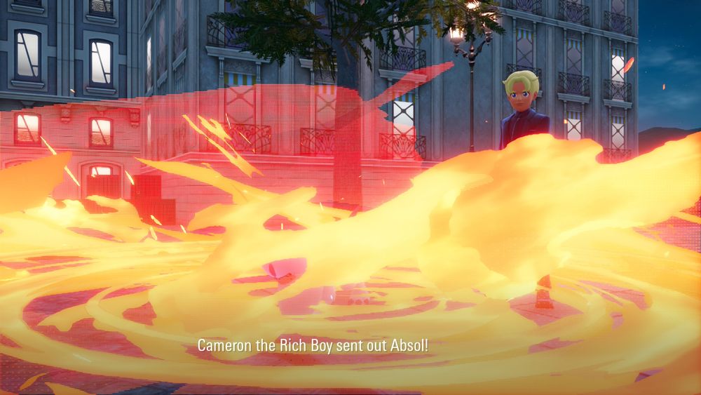 an absol and a rich boy consumed by flame.