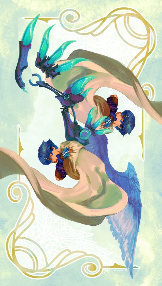 kalas from baten kaitos, a blue-haired young man grasping his shoulder and glaring at the viewer. he is mirrored vertically - one with his mechanical wing, the other with his feathered wing.