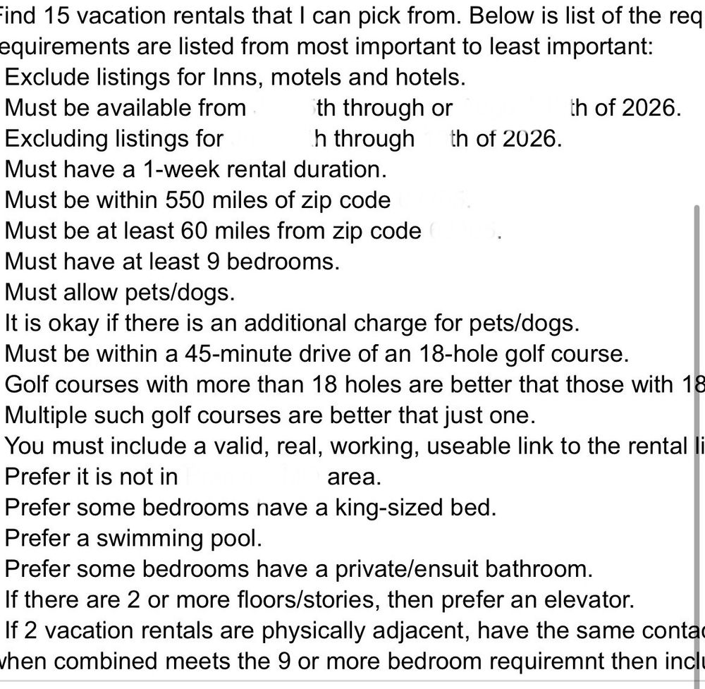 A list of about 20 requirements for a vacation rental home.