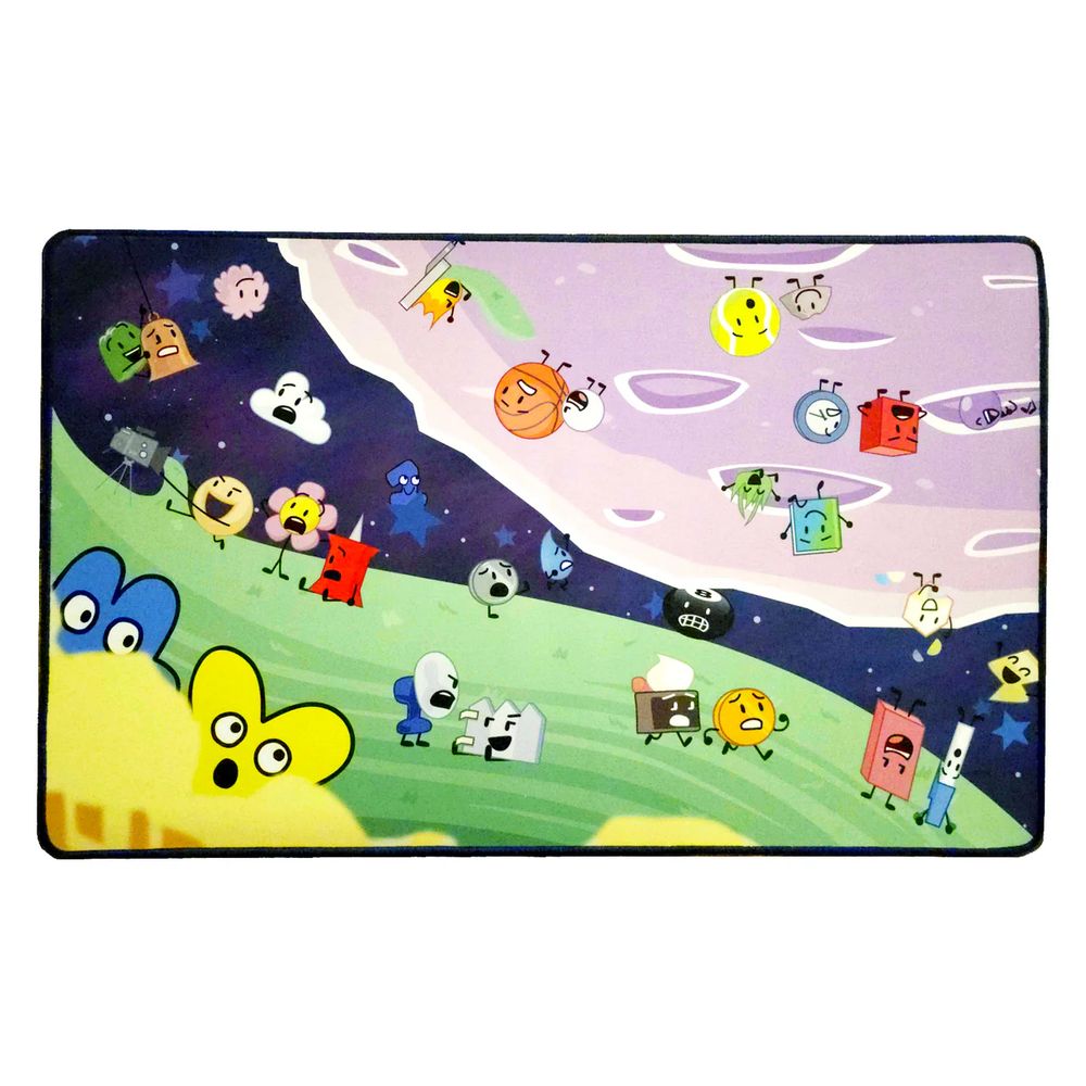 A desk mat, with a bunch of BFDI characters. Some of them are upside down on the moon, which is crushing 8-Ball like in BFB.