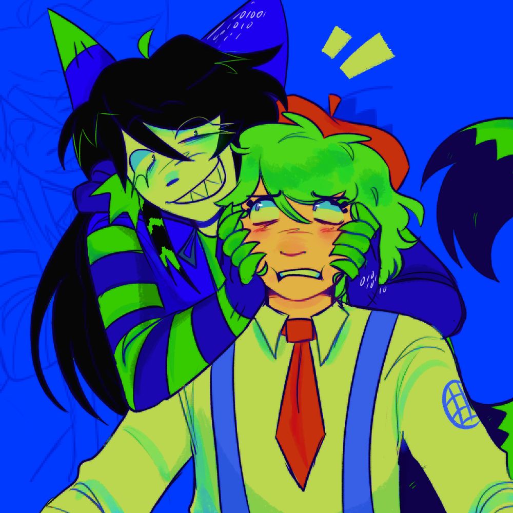 A drawing of my characters Byte and Neptune against a bright blue background. Byte is wearing a blue hoodie with green accents, she has white skin and black hair. Neptune has green hair, a white shirt with blue suspenders and a red tie, along with a red beret. Byte is grabbing her face from behind as if to mess with her.