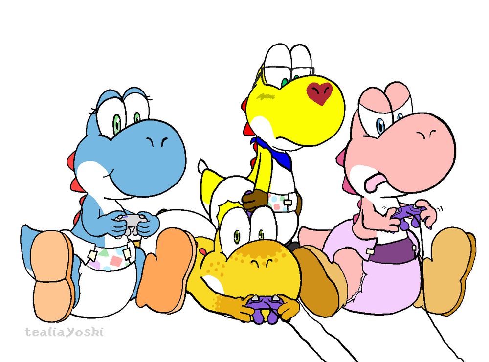 4 adult yoshis play gamecube, wearing various diapers. On the left is a blue yoshi with a wavebird and white diaper. In the middle is an orange yoshi with spots and a normal gamecube controller, on his belly looking excited. On the right is a pink yoshi, with a purple diaper playing hard. And in the background is a yellow yoshi with a heart nose and white diaper, looking down embarrased