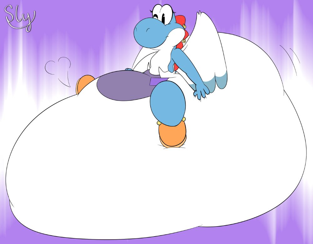 A blue yoshi with wings with a giant diaper