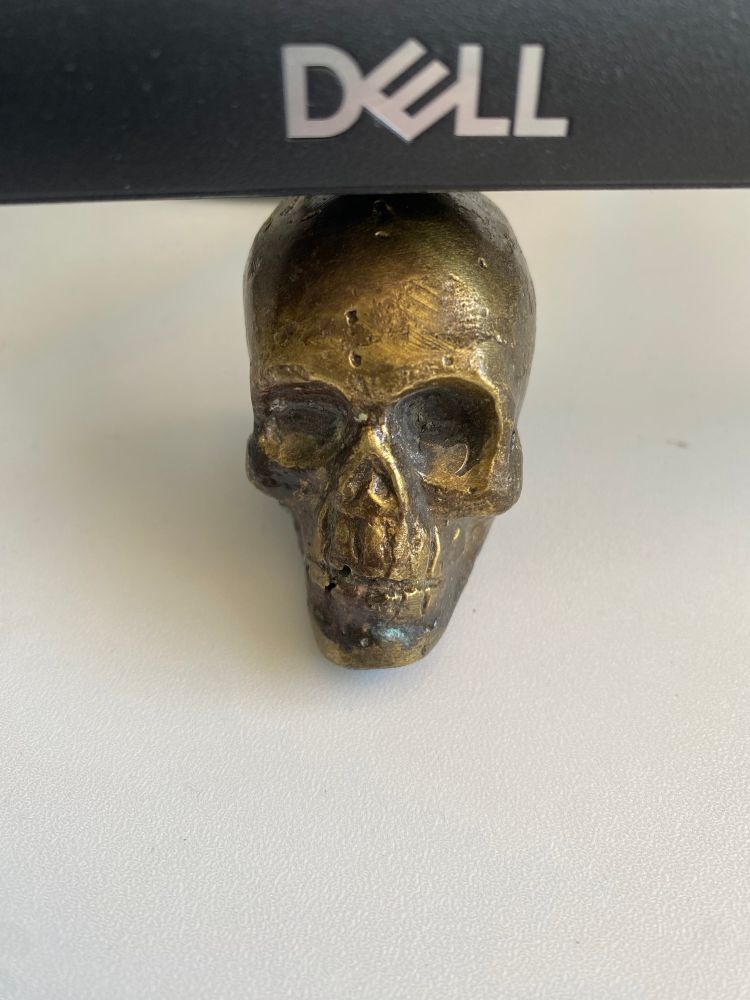A cast bronze skull supporting a Dell computer monitor 
