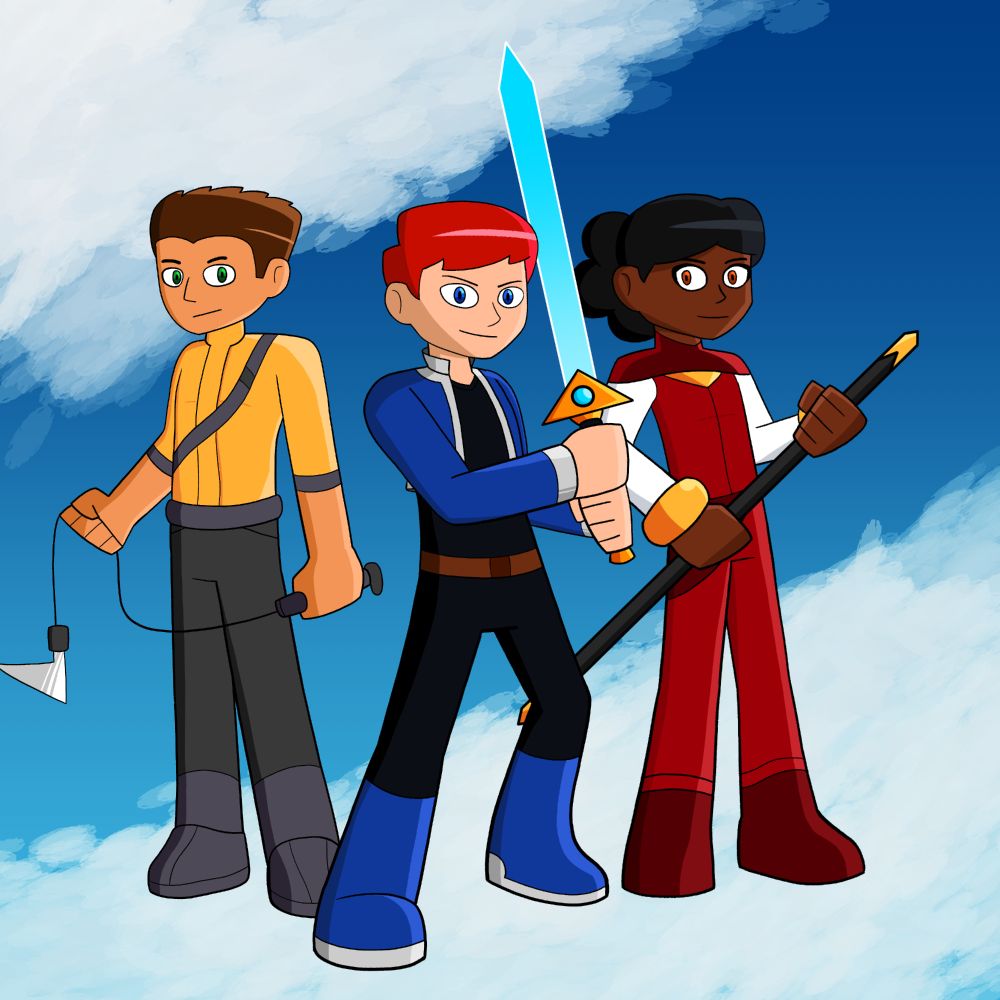 A drawing of my main three OCs Symon, Mira, and Lance together with a background of a blue sky with white clouds.