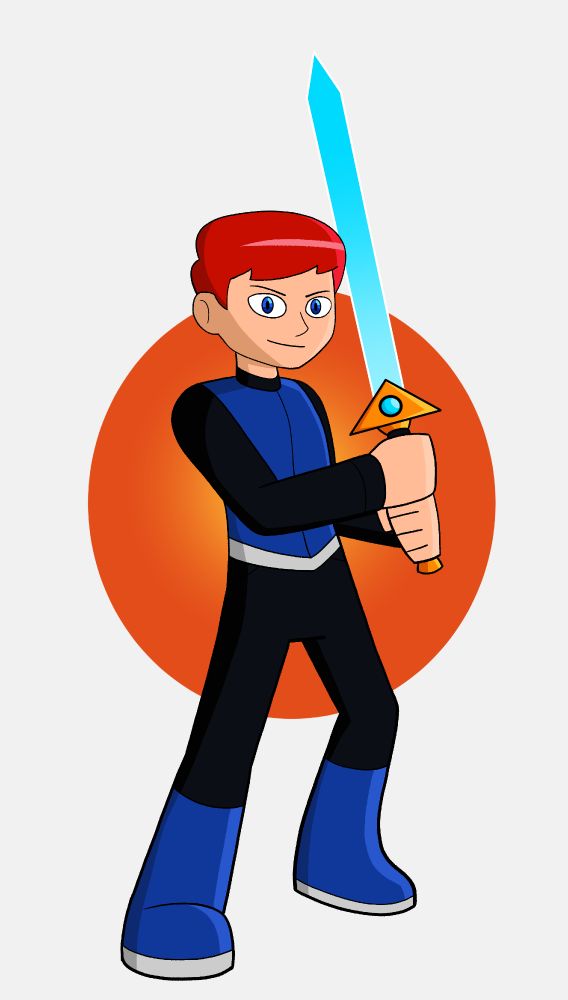 My OC Symon Advent standing with a sword in hand. He wears a blue vest and black sleeves and pants. He has red hair and blue eyes. 