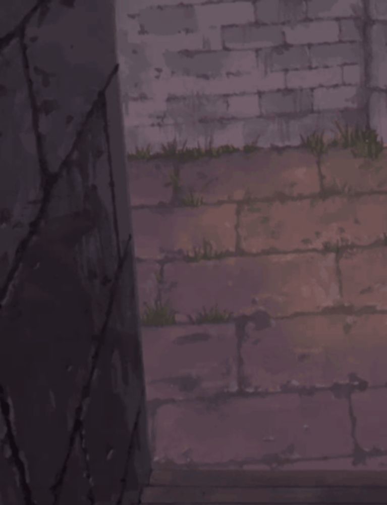 a girl with purple hair is peeking out from behind a stone wall