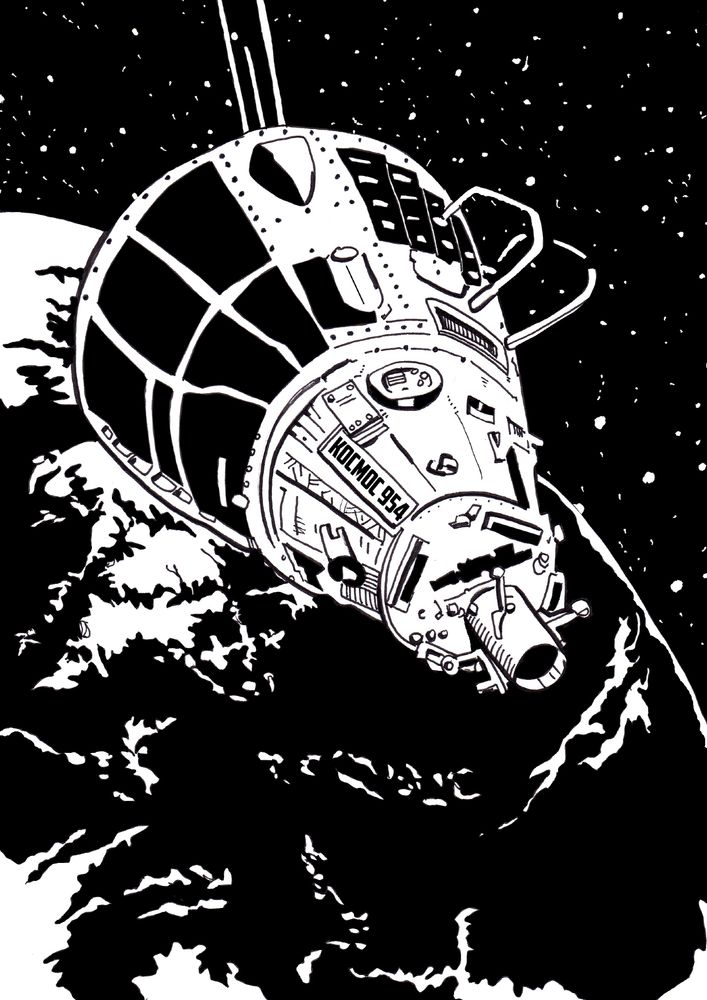 dessin en noir et blanc où on voit un vieux satellite russe nommé "KOCMOC 954" et la Terre en fond