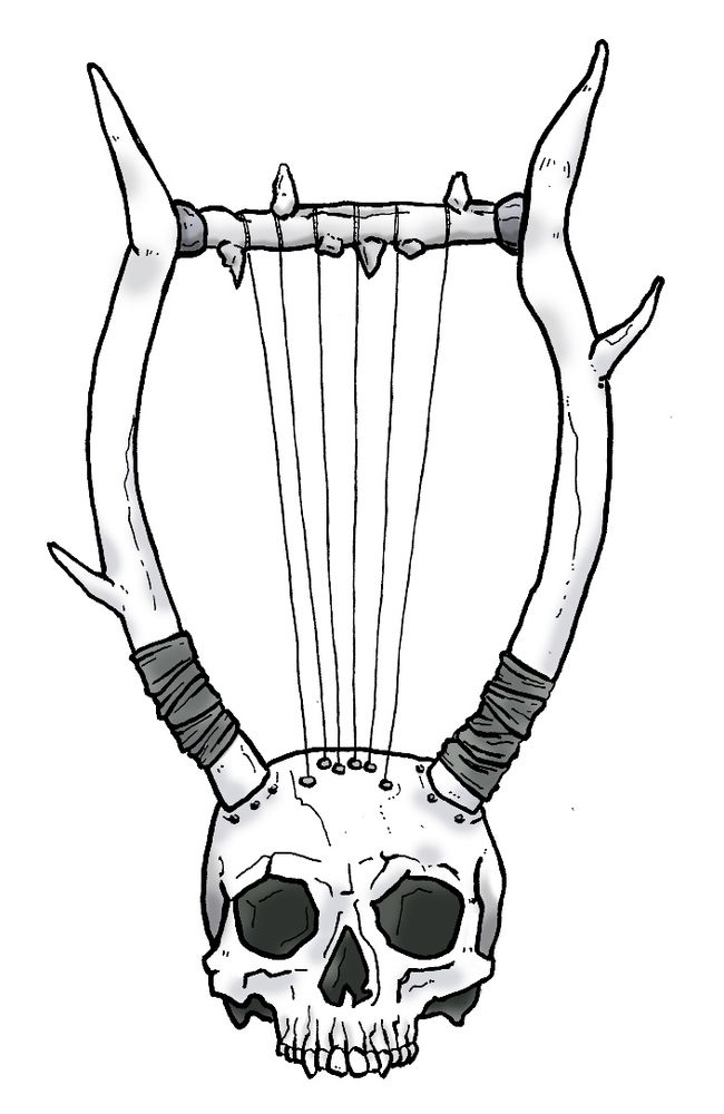 black and white drawing : a lyre made from a human skull and two deer antlers