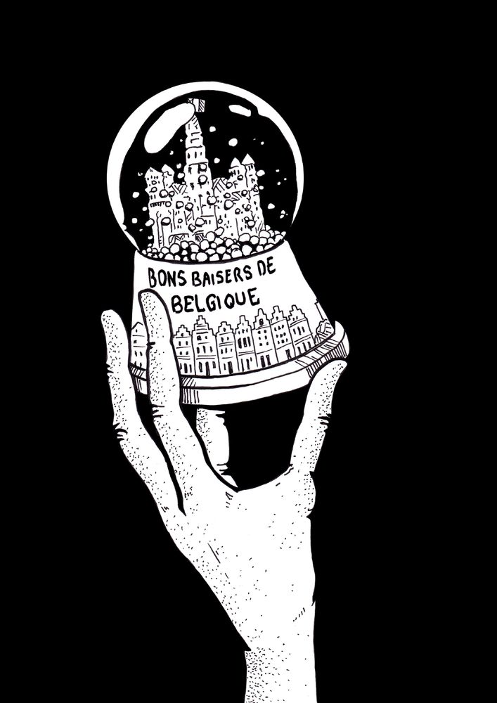 dessin en noir et blanc: une main d'extraterrestre tient une boule à neige avec écrit "bons baisers de Belgique"