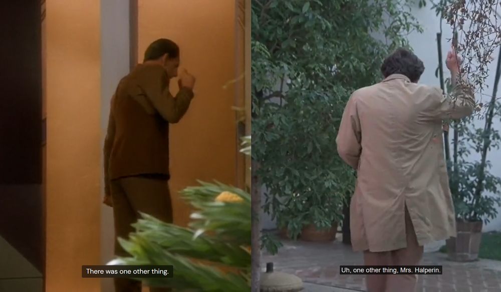 Constable Odo from Deep Space Nine stops to turn as he is leaving and says "There was one other thing." [image on left]

Lieutenant Columbo from Columbo stops to turn as he is leaving and says "Uh, one other thing, Mrs. Halperin." [image on right]