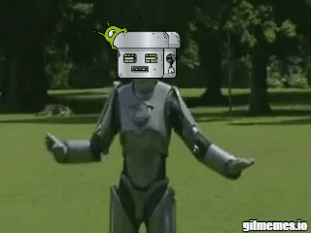 a gif of a robot with a green bug on its head