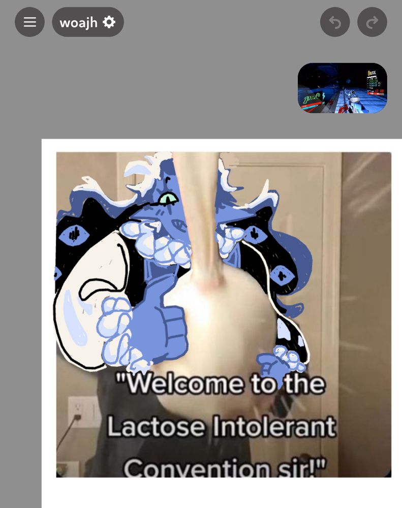 A screenshot of discord whiteboard, with Shadow Milk Cookie drawn over an image of someone throwing milk at the camera, captioned "Welcome to the Lactose Intolerant Convention sir!"