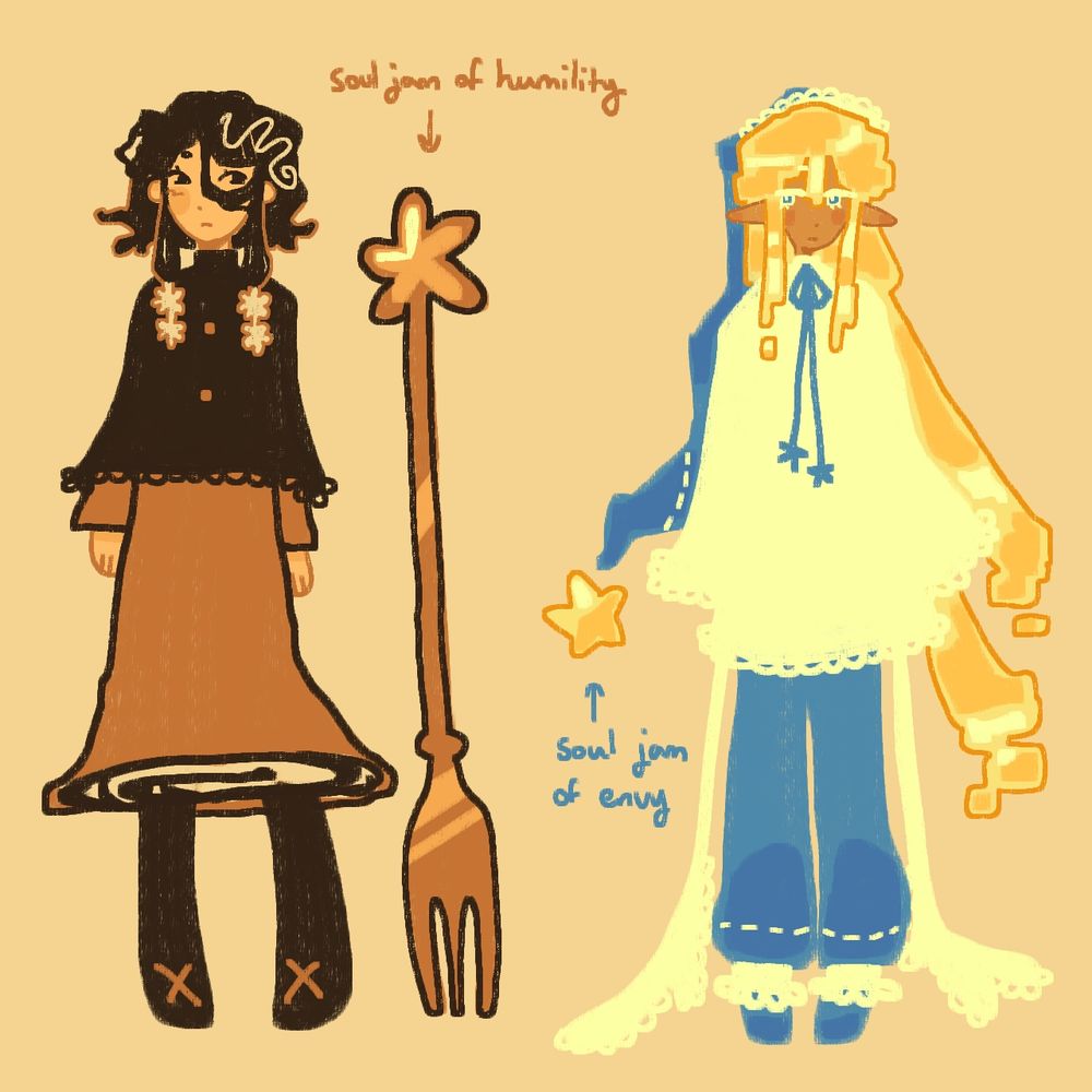 My OCs Poppyseed Roll Cookie, an Ancient with the Soul Jam of Humility, and Timeless Butter Cookie, a Beast with the Soul Jam of Envy