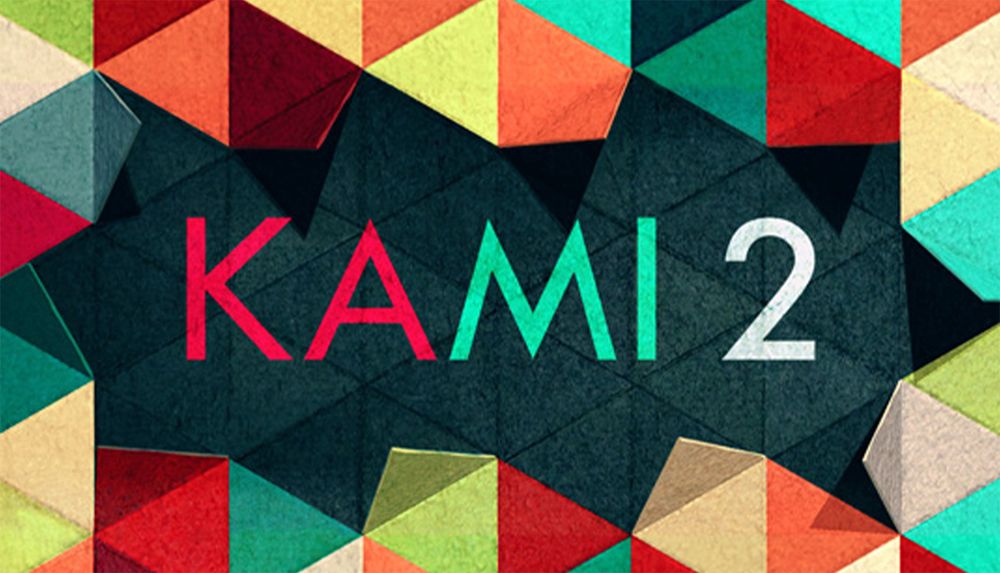 Title screen from the game 'KAMI 2', a puzzle game with a handmade papery aesthetic