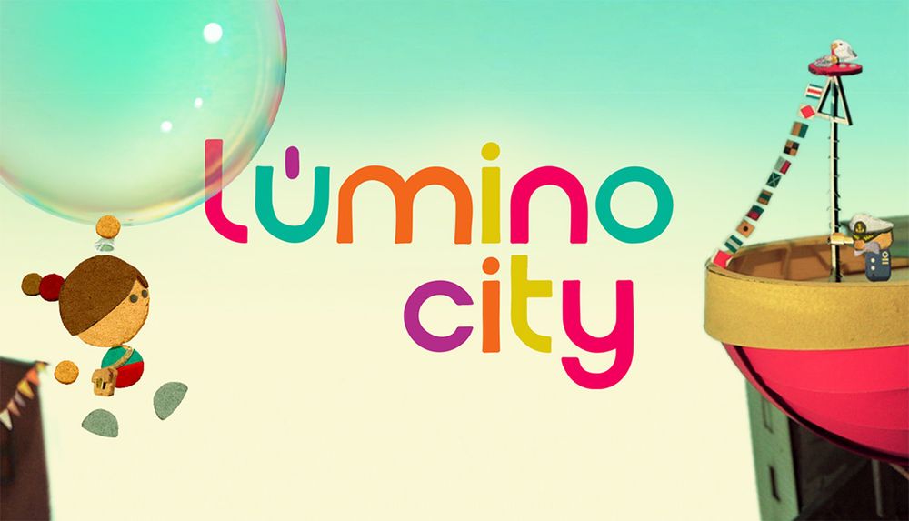 Title art from the game 'Lumino City', with the protagonist Lumi holding on to a buble as she flies through the air, past a paper boat