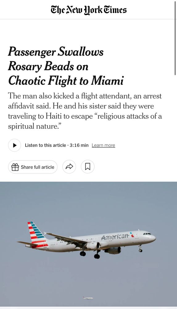 A screenshot of a New York Times article about a man swallowing rosary beads on a flight to Miami. 