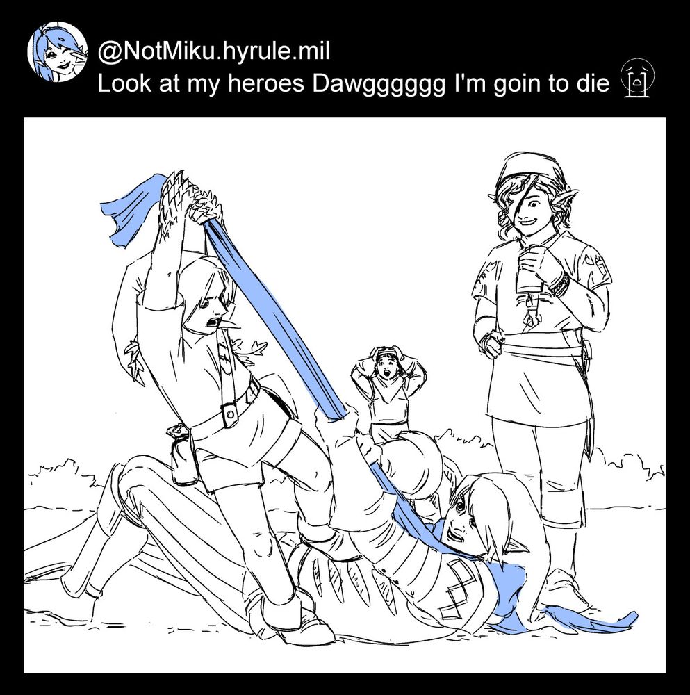 Young Link and Hyrule Warriors Link fight while Toon Link watches while holding a flask.