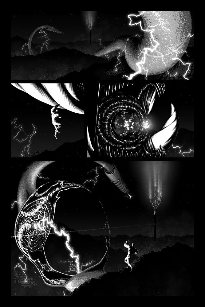 black and white comic page with giant snake robot being eviscerated by distant scary architecture
