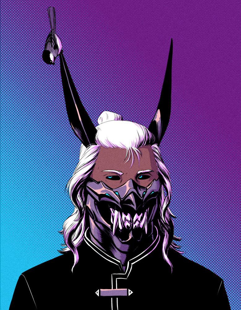 cool toothy cyborg with a bird on his ear