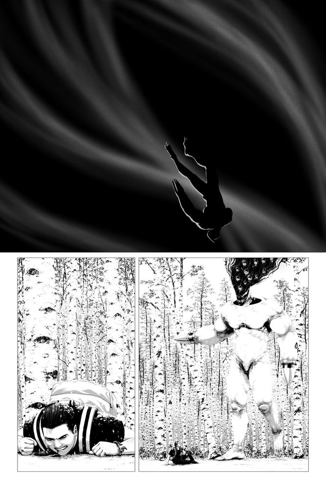 A comic with a figure floating in a dark space, then a man getting up in a snowy forest, with a biomech behind him.