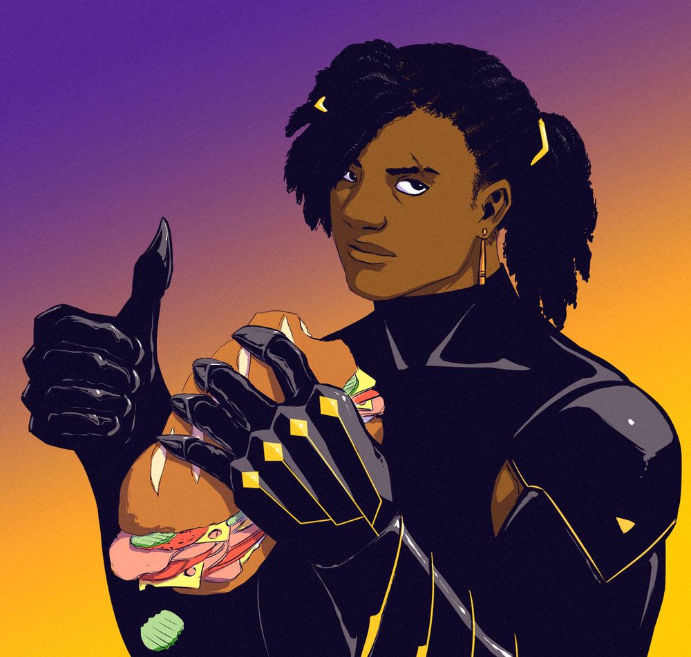 A cool cyborg woman with a disinterested look holding a hoagie.