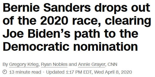 headline reads “Bernie sanders drops out of the 2020 race, clearing Joe Biden’s path to the democratic nomination”