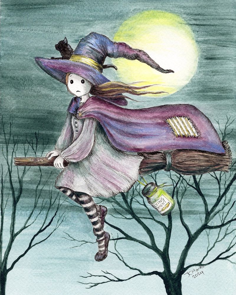 painting of a cute witch girl flying on a broomstick