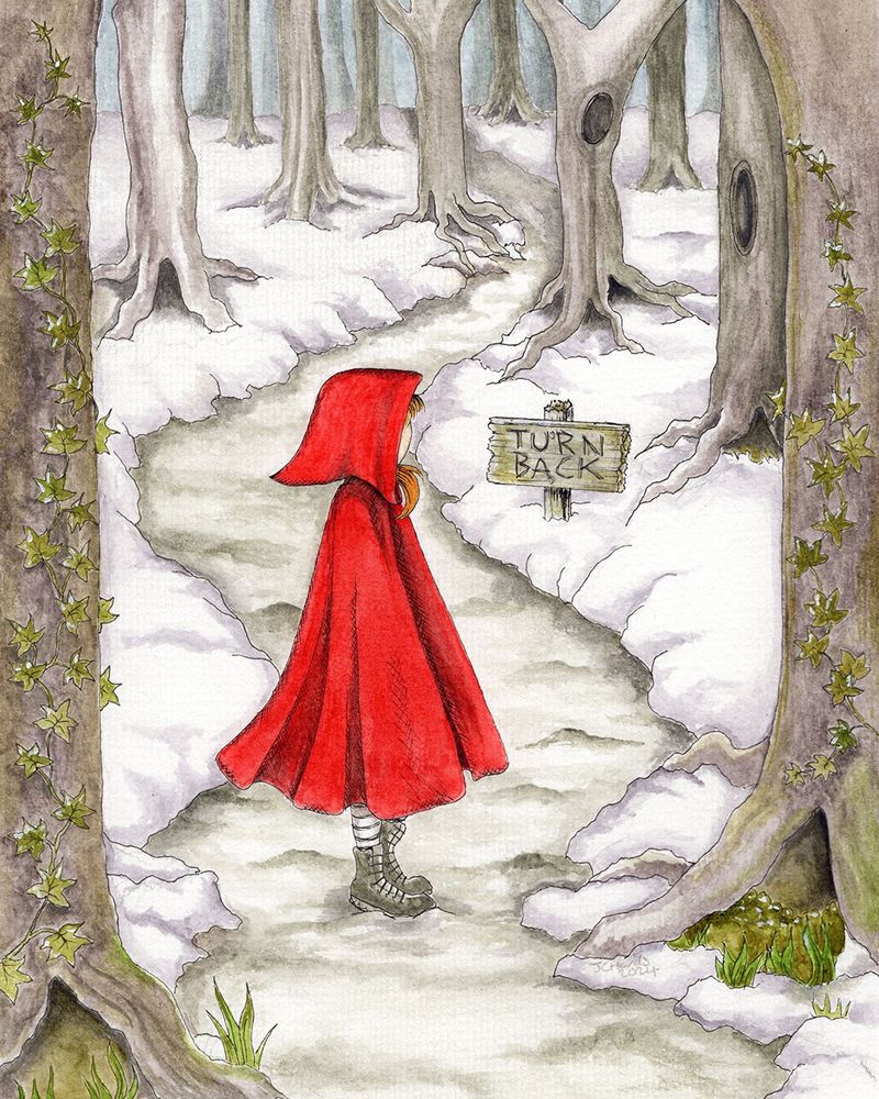 painting of little red riding hood on a snowy woodland path. a sign reads turn back