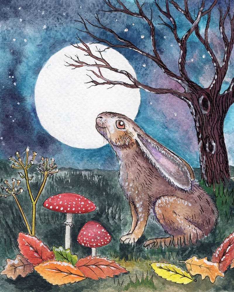 painting of a moon gazing hare in an autumnal scene with mushrooms