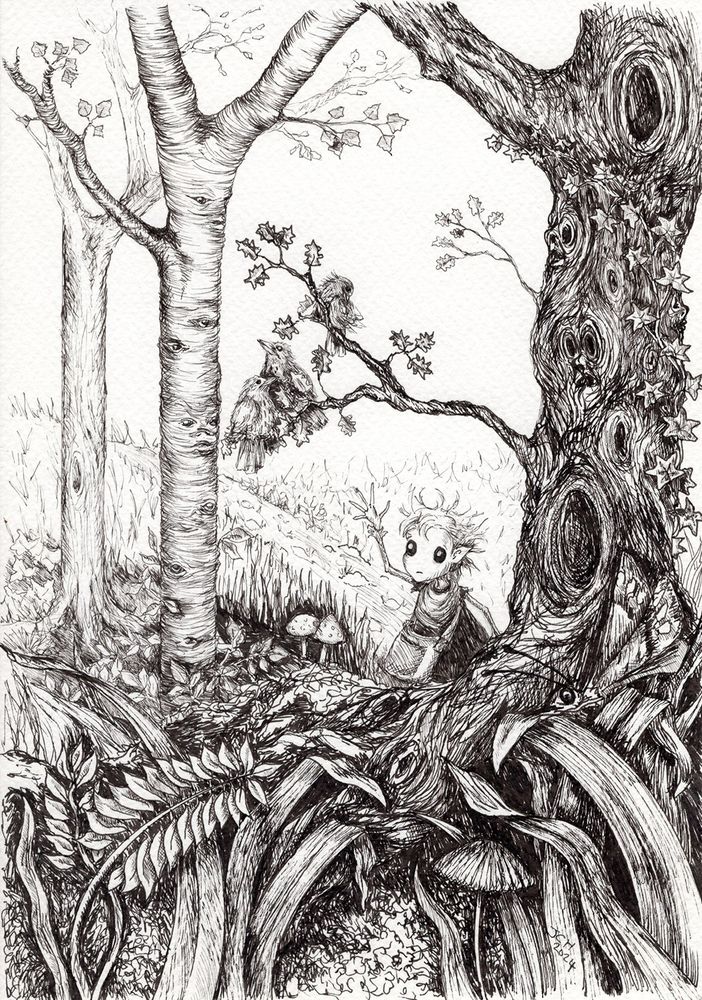 a black and white ink drawing of a woodland faery in a forest where the trees have faces and creatures hide among the branches