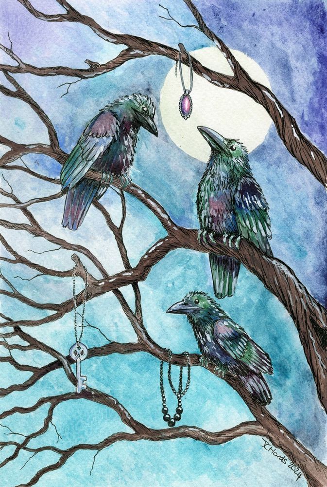 painting of three crows in a tree with jewellery draped over the branches