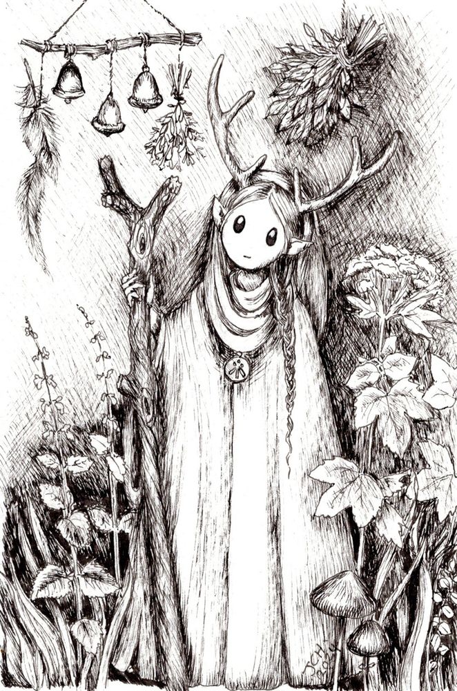 a black and white ink drawing of a faery druid with antlers wearing a cloak and holding a staff