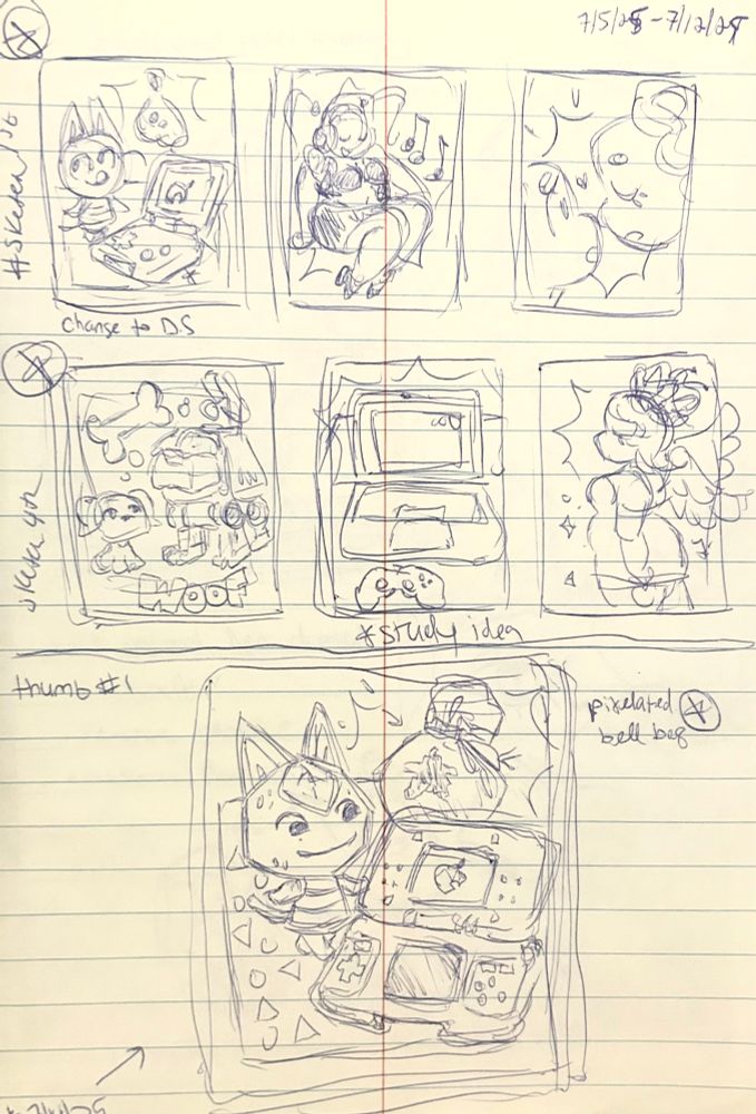 sketchy thumbnail drawings in pen— 6 unrefined ones and a refined one featuring Tangy from animal crossing, and a classic Nintendo DS