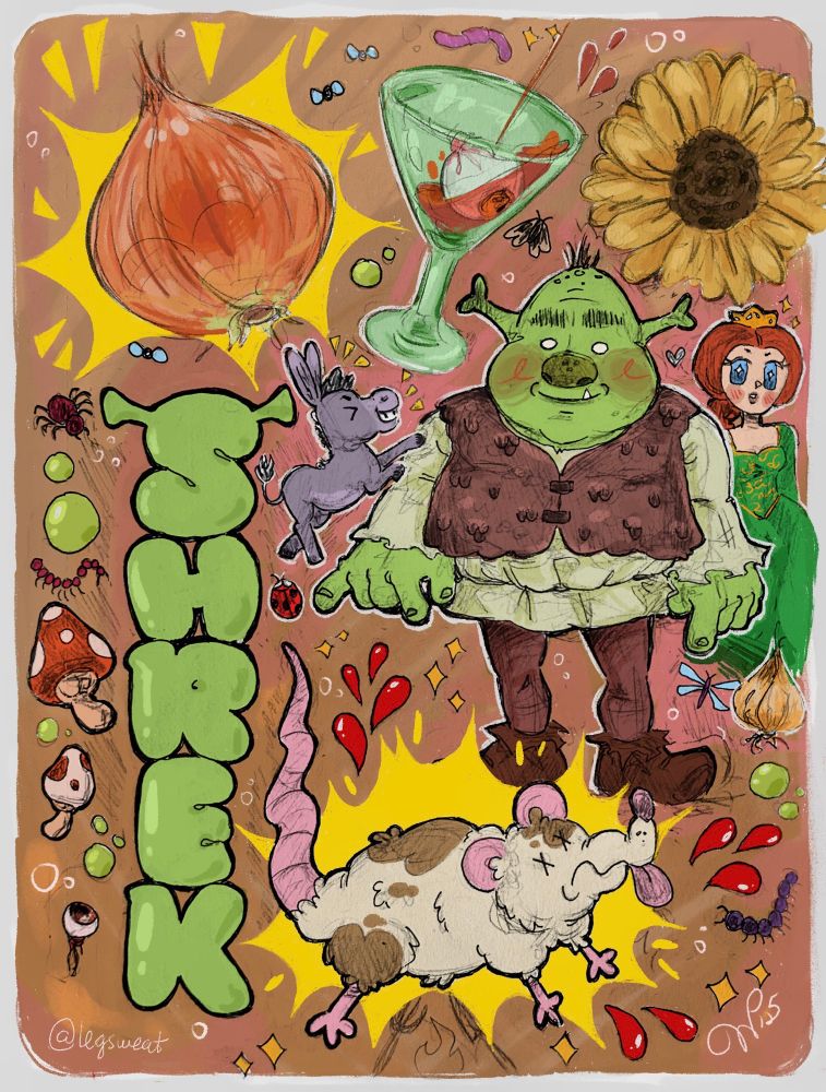 collage style sketchbook page featuring Shrek 