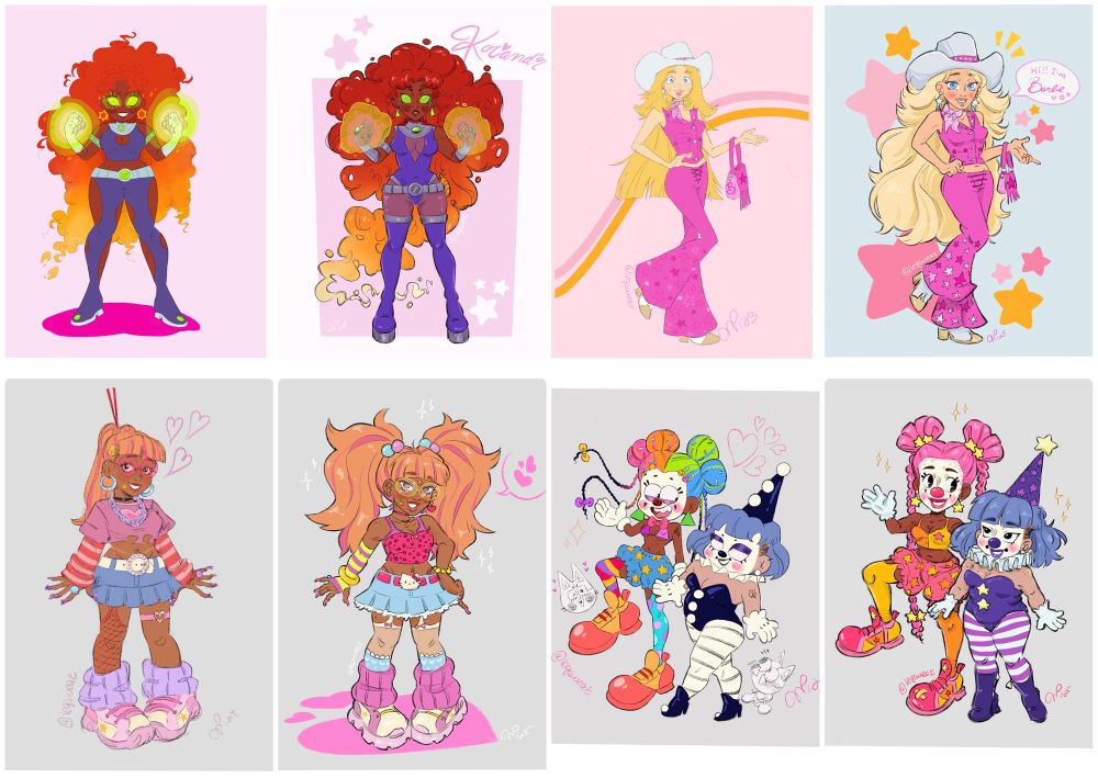 grid of 8 drawings, four of which were made 1-2 years and the other four are updated redrawn versions 