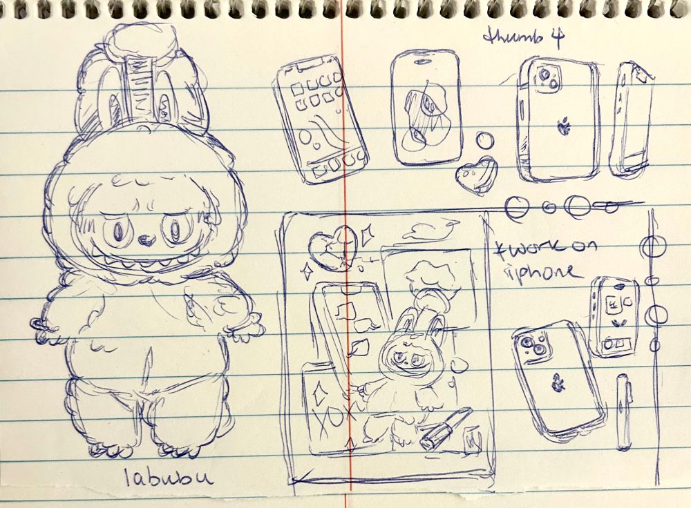 sketchy thumbnail drawing in pen featuring a Labubu 
