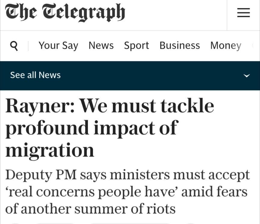 Headline: deputy pm says ministers must accept real concerns people have - regarding migrants - amid fears of another summer of riots