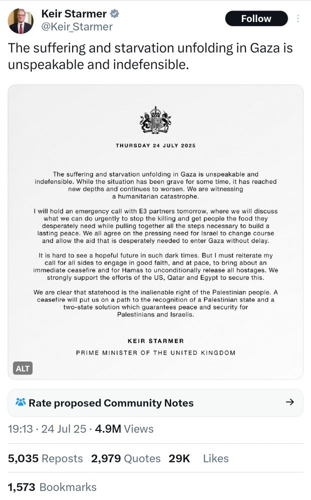 Statement from Keir Starmer, calling what is happening now in Gaza indefensible and unspeakable