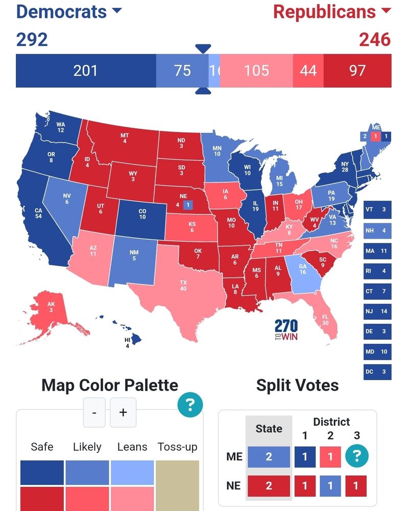 Electoral Map with Kamala Harris winning 292-246