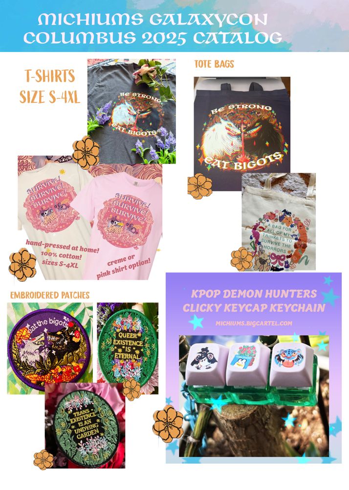 michiums catalog of items for galaxycon 2025, they will have a assortment of apparel, accessories and items like tote bags and embroidered patches 